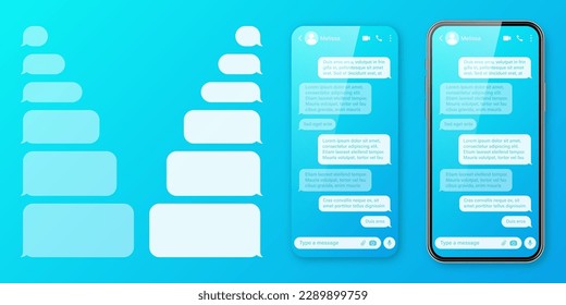 Smartphone realista con aplicación de mensajería con fondo azul colorido. Marco de texto SMS en blanco. Pantalla de chat con burbujas de mensajes transparentes. Aplicación de medios sociales. Ilustración del vector
