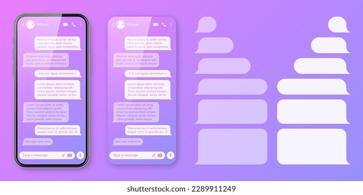 Smartphone realista con aplicación de mensajería con fondo violeta colorido. Marco de texto SMS en blanco. Pantalla de chat con burbujas de mensajes transparentes. Aplicación de medios sociales. Ilustración del vector