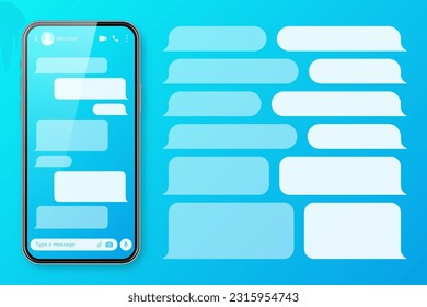 Realistic smartphone with messaging app on colorful blue background. Blank SMS text frame. Chat screen with transparent message bubbles. Social media application. Vector illustration