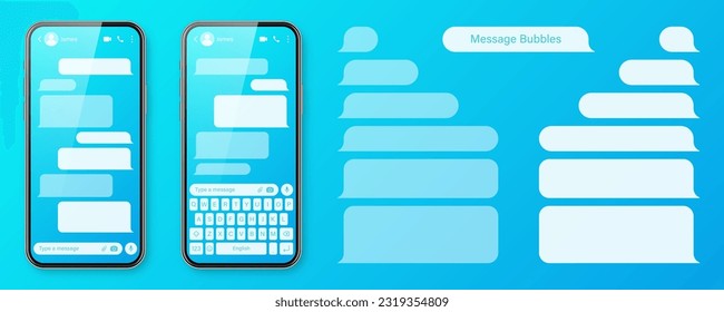 Realistisches Smartphone mit Messaging-App auf buntem, blauem Hintergrund. Blank SMS-Textrahmen. Chat-Bildschirm mit transparenten Nachrichtenblasen. Social Media-Anwendung. Vektorgrafik