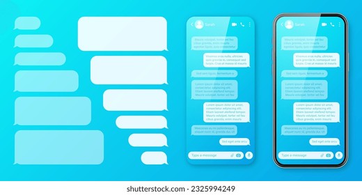 Smartphone realista con aplicación de mensajería con fondo azul colorido. Marco de texto SMS en blanco. Pantalla de chat con burbujas de mensajes transparentes. Aplicación de medios sociales. Ilustración del vector