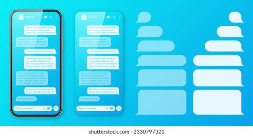 Smartphone realista con aplicación de mensajería con fondo azul colorido. Marco de texto SMS en blanco. Pantalla de chat con burbujas de mensajes transparentes. Aplicación de medios sociales. Ilustración del vector