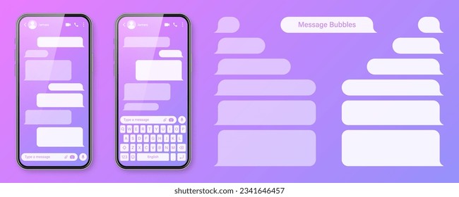 Smartphone realista con aplicación de mensajería con fondo violeta colorido. Marco de texto SMS en blanco. Pantalla de chat con burbujas de mensajes transparentes. Aplicación de medios sociales. Ilustración del vector