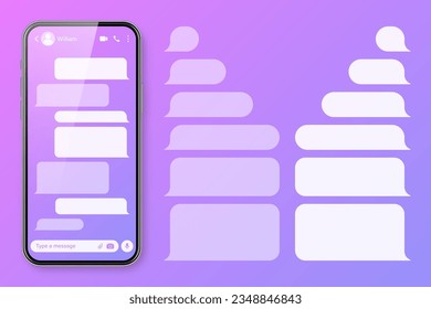 Realistic smartphone with messaging app on colorful violet background. Blank SMS text frame. Chat screen with transparent message bubbles. Social media application. Vector illustration