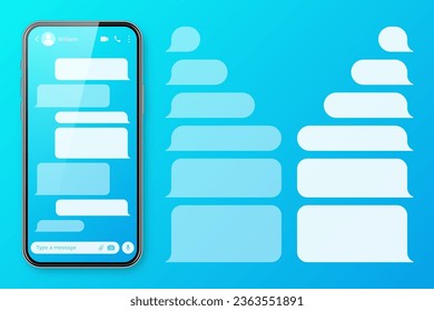 Realistic smartphone with messaging app on colorful blue background. Blank SMS text frame. Chat screen with transparent message bubbles. Social media application. Vector illustration