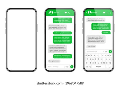 Realistic smartphone with messaging app. SMS text frame. Messenger chat screen with green message bubbles and placeholder text. Social media application. Vector illustration.