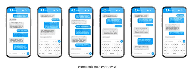Realistic smartphone with messaging app. SMS text frame. Messenger chat screen with blue message bubbles and placeholder text. Social media application. Vector illustration.