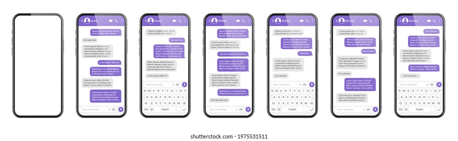 Realistic smartphone with messaging app. SMS text frame. Messenger chat screen with violet message bubbles and placeholder text. Social media application. Vector illustration.