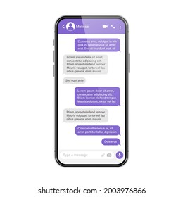 Smartphone realista con aplicación de mensajería. Marco de texto SMS. Pantalla de chat de conversación con burbujas de mensajes violetas y texto de marcador de posición. Aplicación de medios sociales. Ilustración vectorial.
