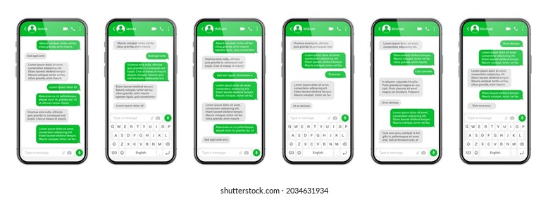 Smartphone realista con aplicación de mensajería. Marco de texto SMS. Pantalla de chat de conversación con burbujas de mensajes verdes y texto de marcador de posición. Aplicación de medios sociales. Ilustración vectorial.