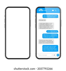 Realistic smartphone with messaging app. SMS text frame. Conversation chat screen with blue message bubbles and placeholder text. Social media application. Vector illustration.