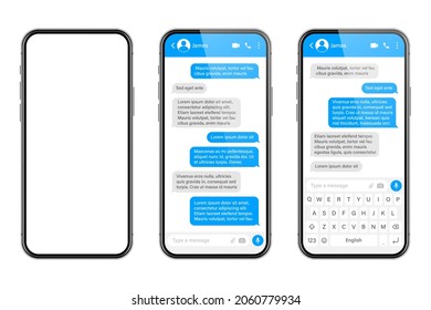 Smartphone realista con aplicación de mensajería. Marco de texto SMS. Pantalla de chat de conversación con burbujas de mensajes azules y texto de marcador de posición. Aplicación de medios sociales. Ilustración vectorial.