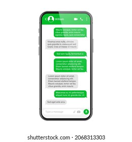 Realistic Smartphone With Messaging App. SMS Text Frame. Conversation Chat Screen With Green Message Bubbles And Placeholder Text. Social Media Application. Vector Illustration.