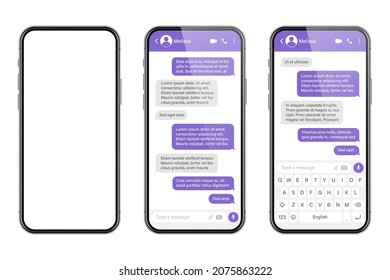 Smartphone realista con aplicación de mensajería. Marco de texto SMS. Pantalla de chat de conversación con burbujas de mensajes violetas y texto de marcador de posición. Aplicación de medios sociales. Ilustración vectorial.