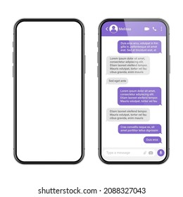 Realistic smartphone with messaging app. SMS text frame. Conversation chat screen with violet message bubbles and placeholder text. Social media application. Vector illustration.