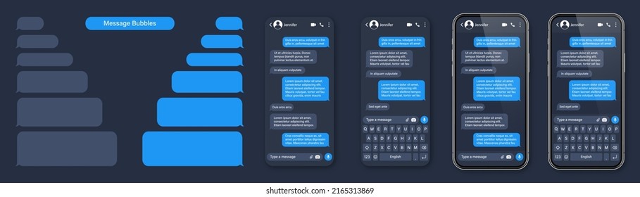 Realistic smartphone with messaging app. SMS text frame. Conversation chat screen with blue message bubbles and placeholder text. Social media application. Vector illustration.