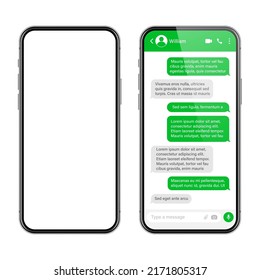 Realistic smartphone with messaging app. SMS text frame. Conversation chat screen with green message bubbles and placeholder text. Social media application. Vector illustration.