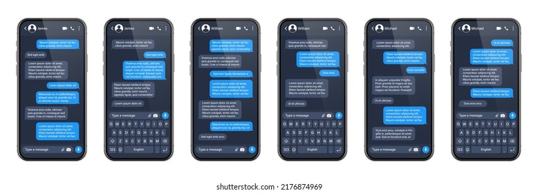 Realistic smartphone with messaging app. SMS text frame. Conversation chat screen with blue message bubbles and placeholder text. Social media application. Vector illustration.