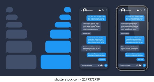 Smartphone realista con aplicación de mensajería. Marco de texto SMS. Pantalla de chat de conversación con burbujas de mensajes azules y texto de marcador de posición. Aplicación de medios sociales. Ilustración vectorial.