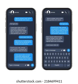 Realistic smartphone with messaging app. SMS text frame. Conversation chat screen with blue message bubbles and placeholder text. Social media application. Vector illustration.