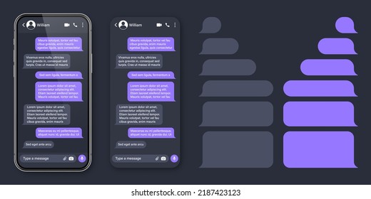 Realistic smartphone with messaging app. SMS text frame. Conversation chat screen with violet message bubbles and placeholder text. Social media application. Vector illustration.