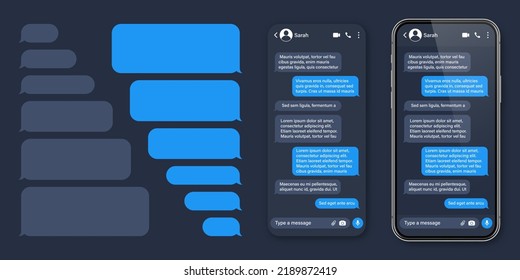 Realistic smartphone with messaging app. SMS text frame. Conversation chat screen with blue message bubbles and placeholder text. Social media application. Vector illustration.