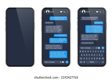 Realistic Smartphone With Messaging App. SMS Text Frame. Conversation Chat Screen With Blue Message Bubbles And Placeholder Text. Social Media Application. Vector Illustration.