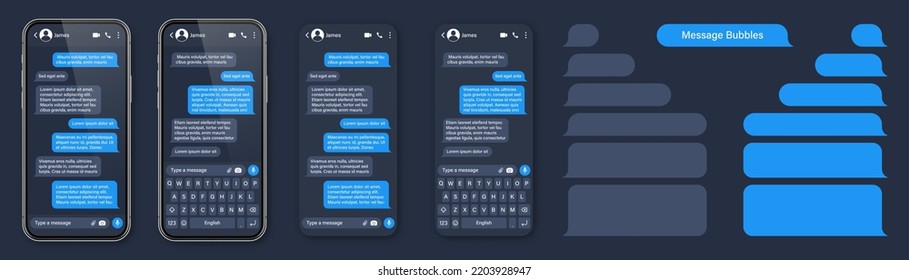 Realistic smartphone with messaging app. SMS text frame. Conversation chat screen with blue message bubbles and placeholder text. Social media application. Vector illustration.