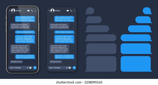 Realistic smartphone with messaging app. SMS text frame. Conversation chat screen with blue message bubbles and placeholder text. Social media application. Vector illustration.