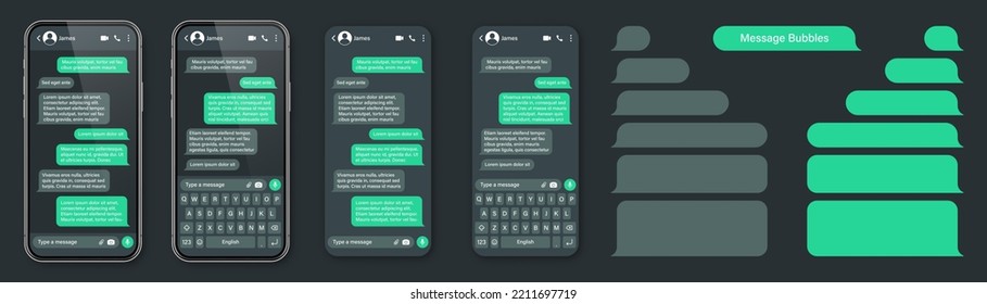 Realistic smartphone with messaging app. SMS text frame. Conversation chat screen with green message bubbles and placeholder text. Dark mode. Social media application. Vector illustration