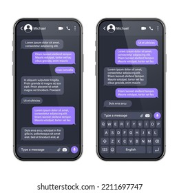 Realistic smartphone with messaging app. SMS text frame. Conversation chat screen with violet message bubbles and placeholder text. Social media application. Vector illustration.