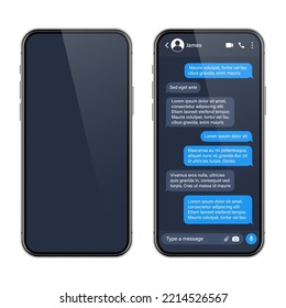Realistic smartphone with messaging app. SMS text frame. Conversation chat screen with blue message bubbles and placeholder text. Social media application. Vector illustration.