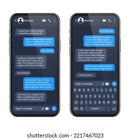 Realistic smartphone with messaging app. SMS text frame. Conversation chat screen with blue message bubbles and placeholder text. Social media application. Vector illustration.