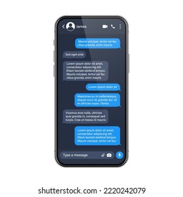 Realistic smartphone with messaging app. SMS text frame. Conversation chat screen with blue message bubbles and placeholder text. Social media application. Vector illustration.
