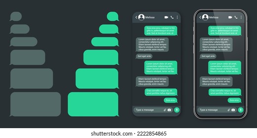 Realistic smartphone with messaging app. SMS text frame. Conversation chat screen with green message bubbles and placeholder text. Dark mode. Social media application. Vector illustration
