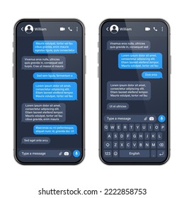 Realistic smartphone with messaging app. SMS text frame. Conversation chat screen with blue message bubbles and placeholder text. Social media application. Vector illustration.