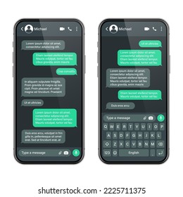 Smartphone realista con aplicación de mensajería. Marco de texto SMS. Pantalla de chat de conversación con burbujas de mensajes verdes y texto de marcador de posición. Modo oscuro. Aplicación de medios sociales. Ilustración del vector