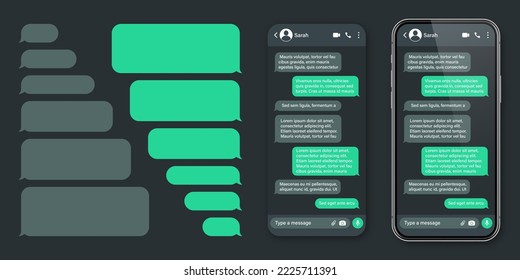 Realistisches Smartphone mit Messaging-App. SMS-Textrahmen. Konversationsbildschirm mit grünen Nachrichtenblasen und Platzhalter-Text. Dunkler Modus. Social Media-Anwendung. Vektorgrafik