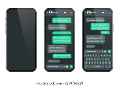 Realistic smartphone with messaging app. SMS text frame. Conversation chat screen with green message bubbles and placeholder text. Dark mode. Social media application. Vector illustration