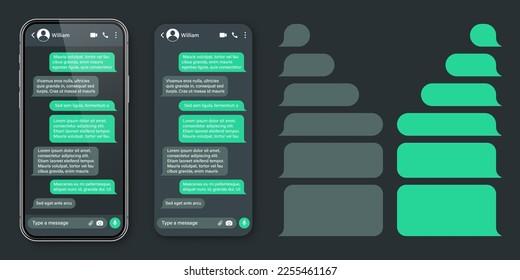 Smartphone realista con aplicación de mensajería. Marco de texto SMS. Pantalla de chat de conversación con burbujas de mensajes verdes y texto de marcador de posición. Modo oscuro. Aplicación de medios sociales. Ilustración del vector