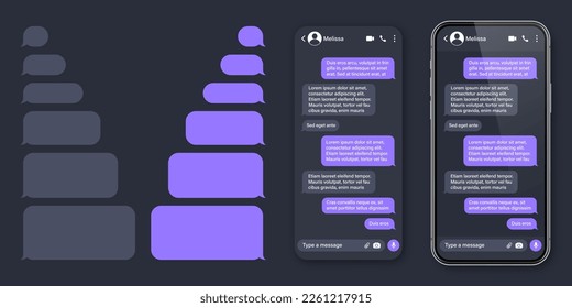 Realistisches Smartphone mit Messaging-App. SMS-Textrahmen. Konversationsbildschirm mit violetten Nachrichtenblasen und Platzhalter-Text. Social Media-Anwendung. Vektorgrafik.