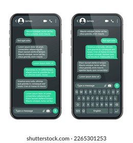 Smartphone realista con aplicación de mensajería. Marco de texto SMS. Pantalla de chat de conversación con burbujas de mensajes verdes y texto de marcador de posición. Modo oscuro. Aplicación de medios sociales. Ilustración del vector