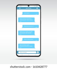 Realistic smartphone with messenger app window. Chatting and messaging, social network concept.