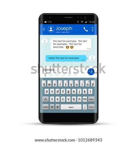 Realistic Smartphone With Messenger Chat App Template With Mobile Keyboard. Chating And Messaging, Social Network Concept. Messenger Window. Vector Illustration.