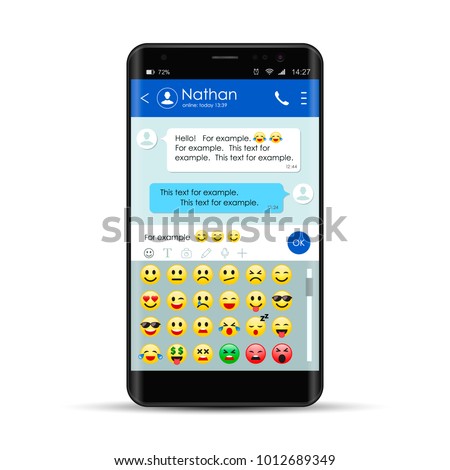 Realistic Smartphone With Messenger Chat App Template With Smile Emoticon Collection. Chating And Messaging Window, Social Network Concept. Vector Illustration.