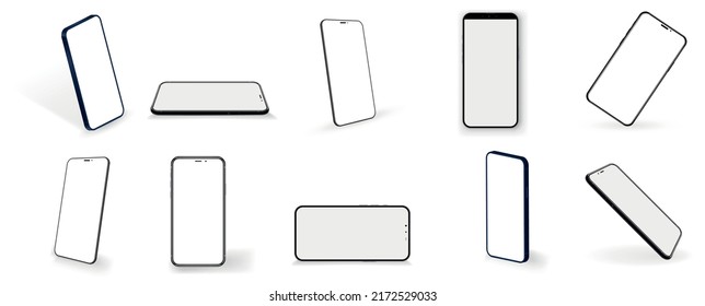 Realistic smartphone. Mobile phone mockup with blank screen in different isometric perspective. Vector illustration isolated 3D cellphone from different sides set isolated on white background