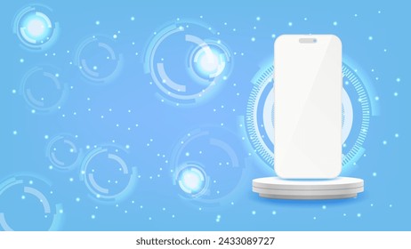 Realistic smartphone and mobile phone mockup with IoT and technology concept, smartphone abstract blue banner and background, vector illustration.