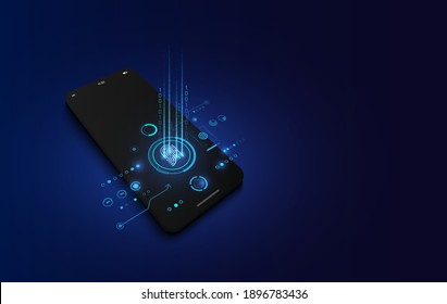 Realistic smartphone mock up and fingerprint scanning on screen, security cyber technology concept.