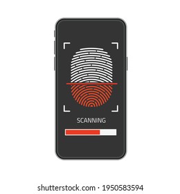 Realistic smartphone mock up and fingerprint scanning on screen. Id security, personal access via finger print on mobile phone, user authorization, login digital protection concept. Vector EPS 10.