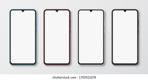 Realistic smartphone mock up set. Mobile phone display isolated on white gray background. 3D template illustration. Vector illustration.